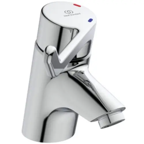 Chromfarbener Wasserhahn mit Bedienhebel von Ideal Standard, geeignet für Bad- oder Küchenanwendungen. Einhebelmischbatterie mit klarer Wasserabgabe.